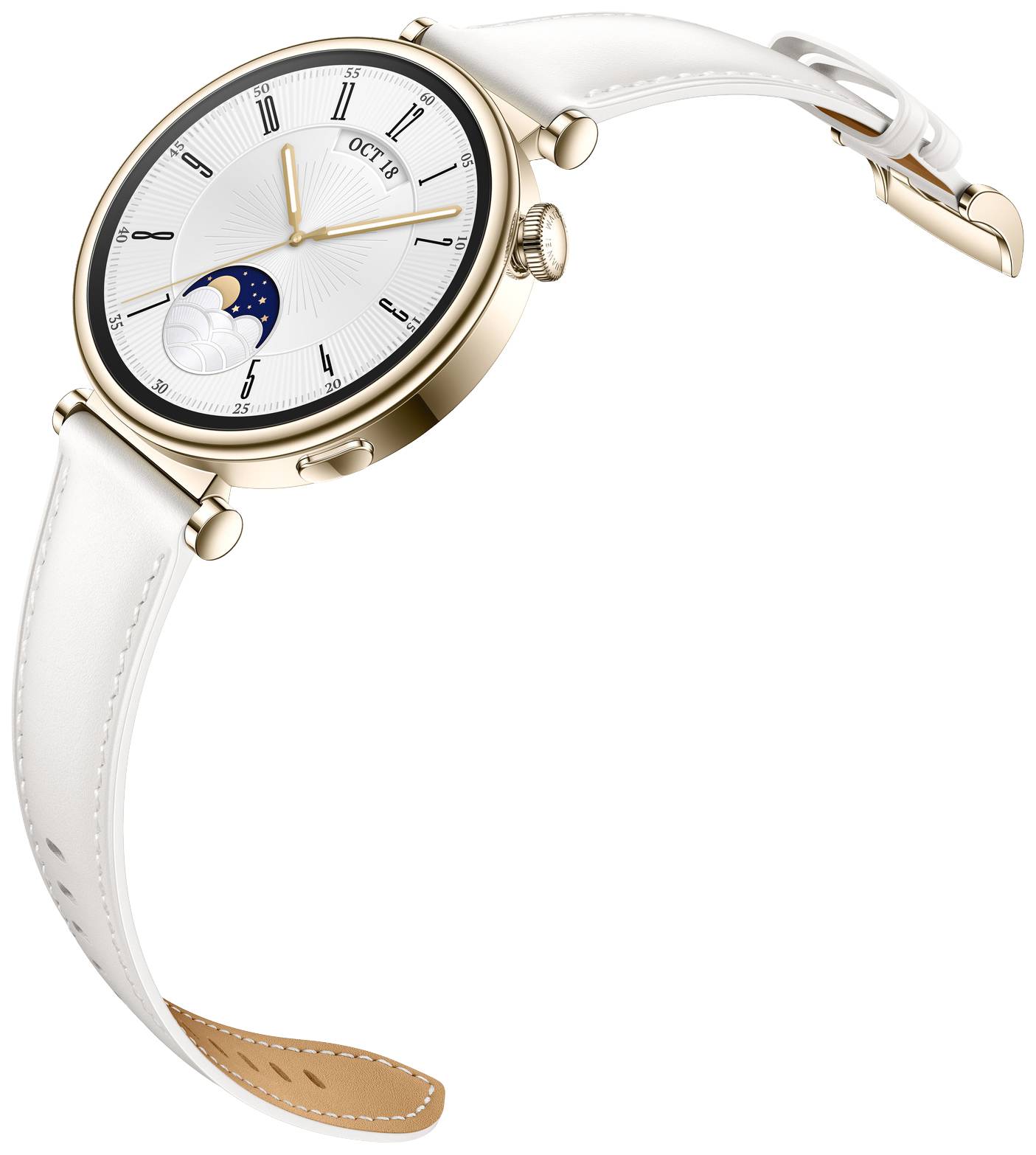 Un elegante orologio da polso dorato con quadrante bianco e indicazione delle fasi lunari. Ha un cinturino in pelle bianco.
