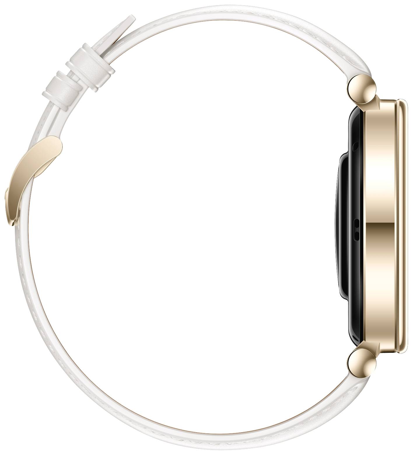 Smartwatch profilo laterale, cassa color oro, cinturino bianco, stile semplice e moderno.