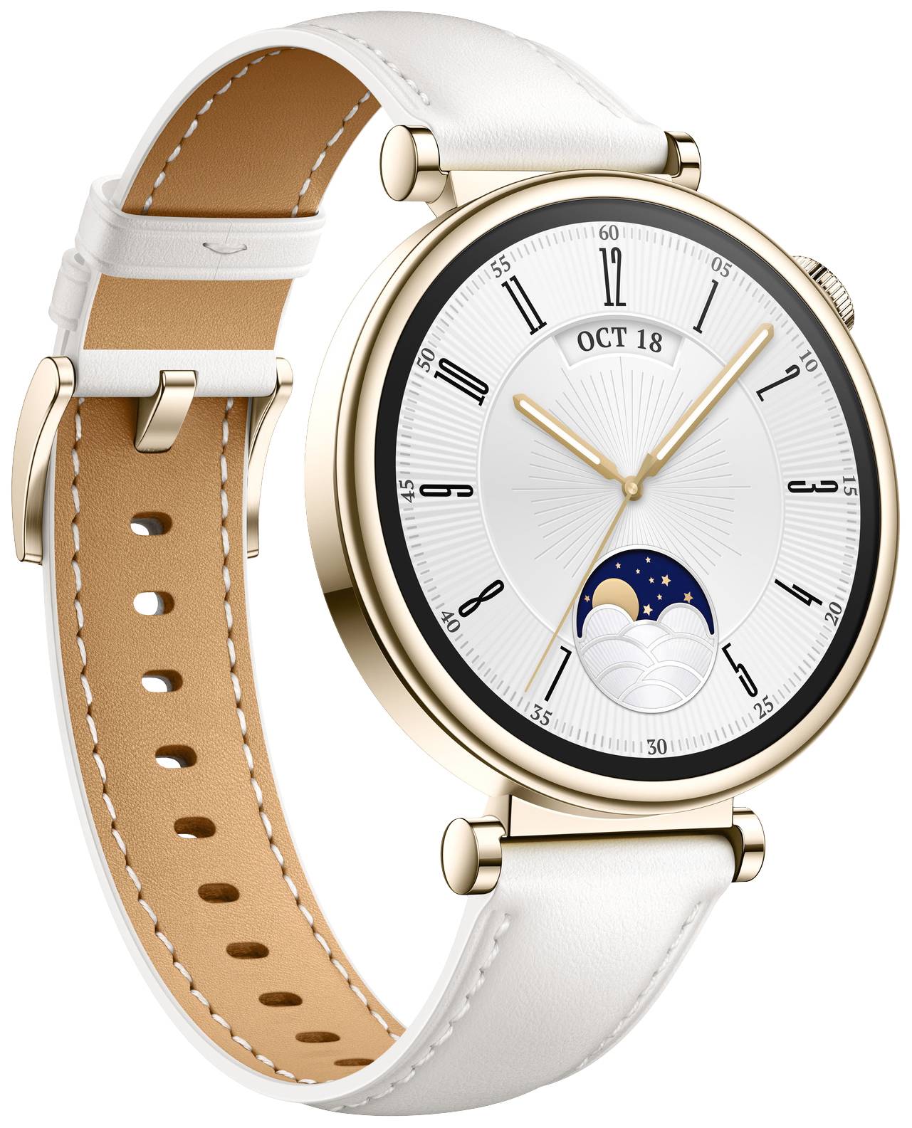 Un elegante orologio da polso con quadrante bianco, lancette dorate e indicazione della data. Cinturino in pelle bianco e marrone.