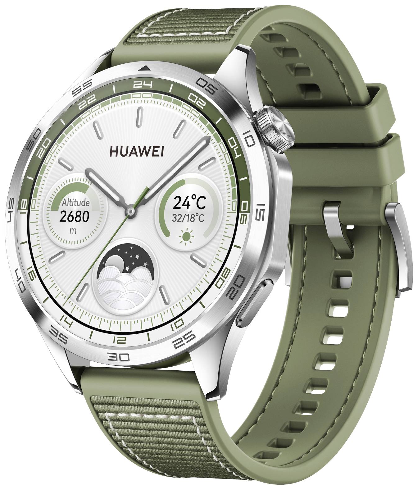 Smartwatch con cinturino verde e quadrante rotondo. Mostra informazioni meteo, altitudine e fase lunare. Marca 'Huawei'.