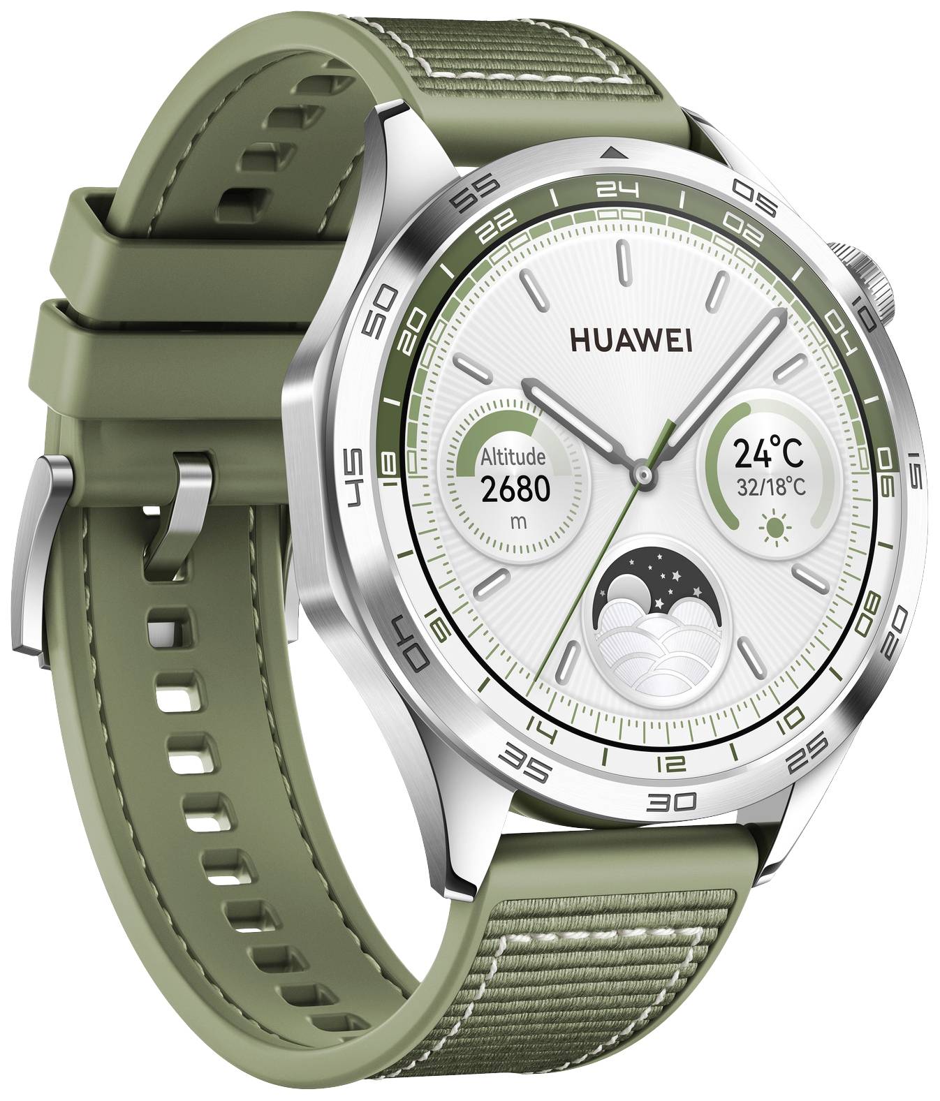 Un smartwatch argentato con cinturino verde mostra l'ora, il meteo (24°C, nuvoloso) e l'altitudine (2680m) su un quadrante analogico.
