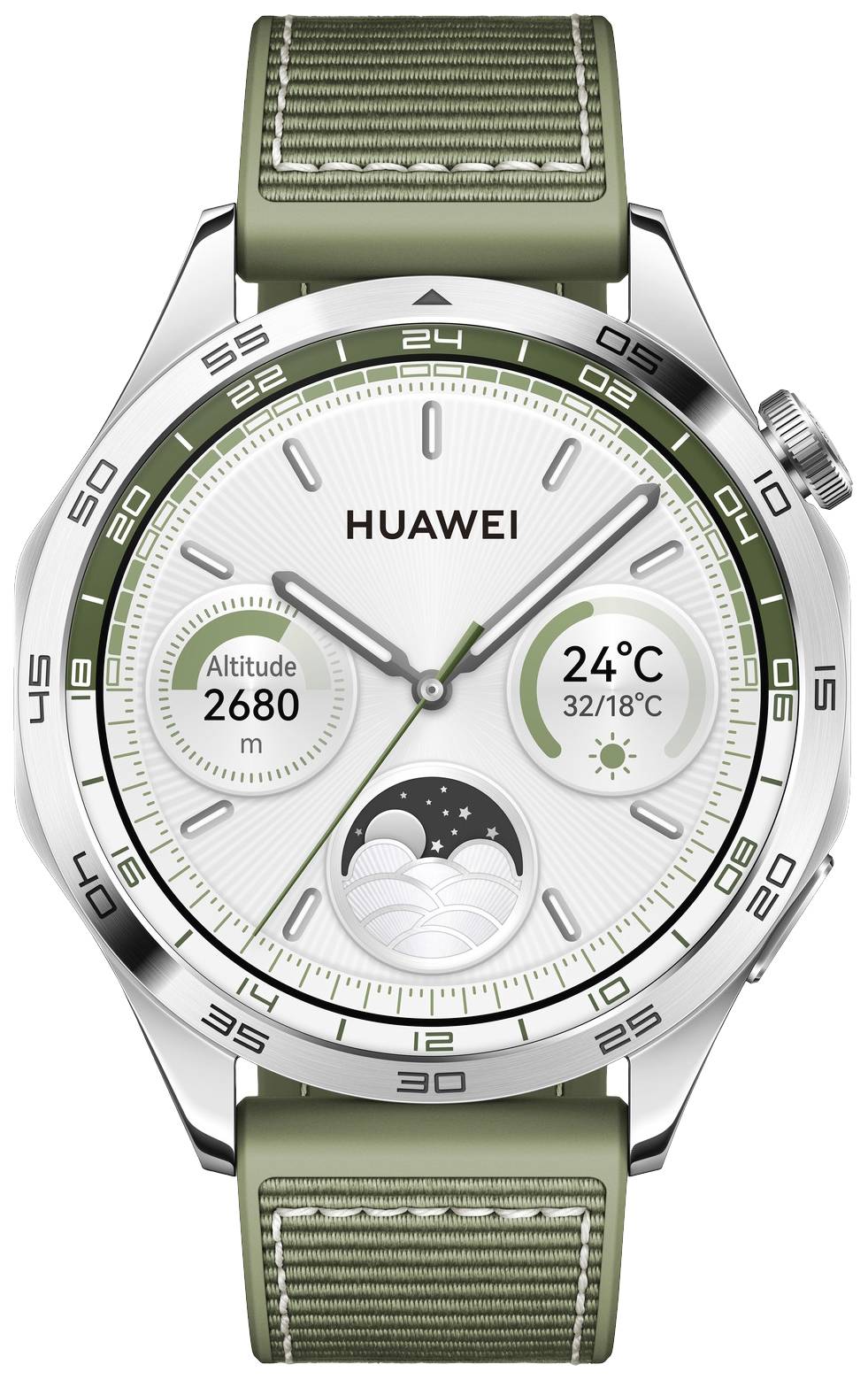 Un orologio da polso con cinturino verde mostra l'ora, l'altitudine di 2680 m, la temperatura di 24°C e un'icona meteo con nuvole e luna.