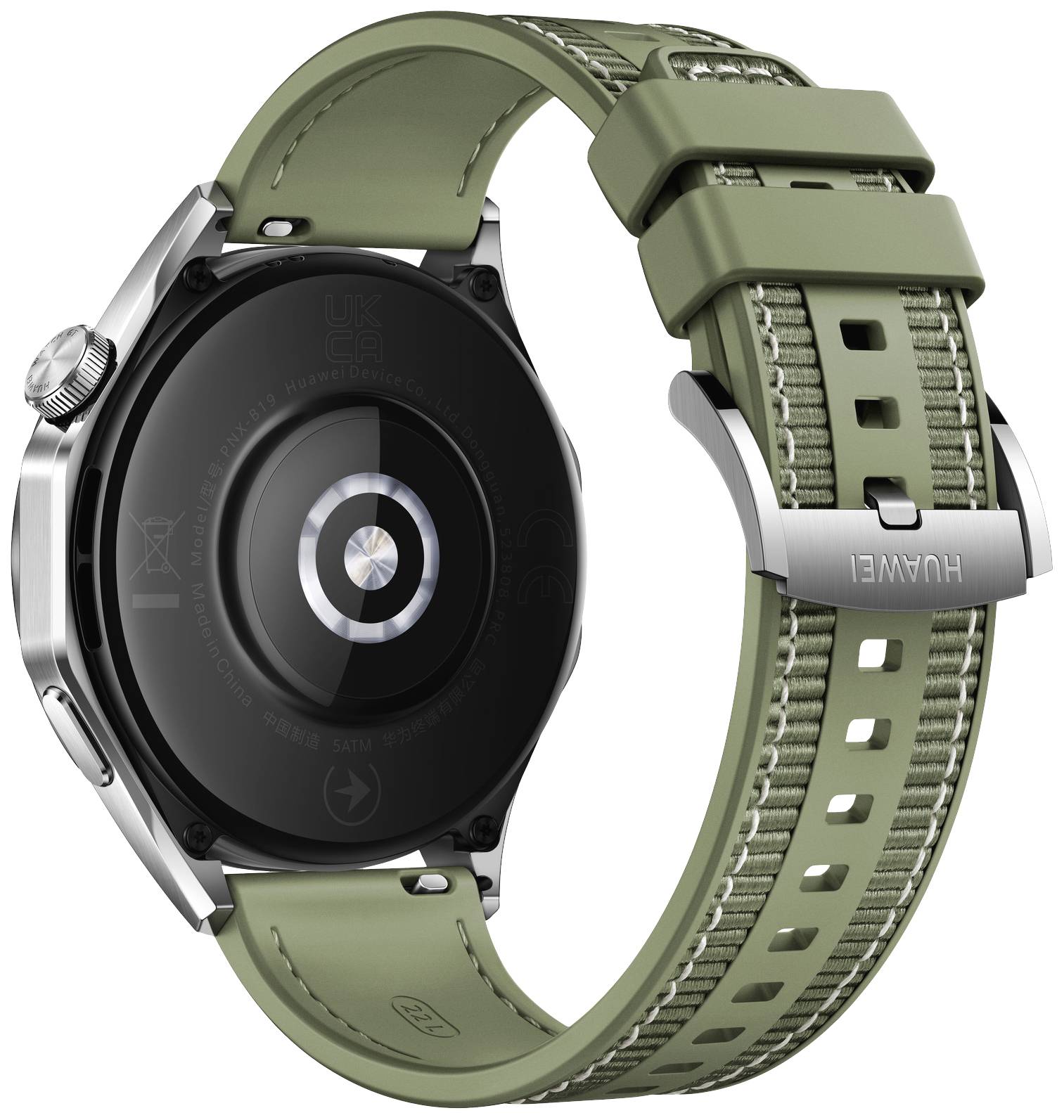 Un custodia argentata per smartwatch con cinturino verde, vista posteriore, che mostra il sensore della frequenza cardiaca al centro.