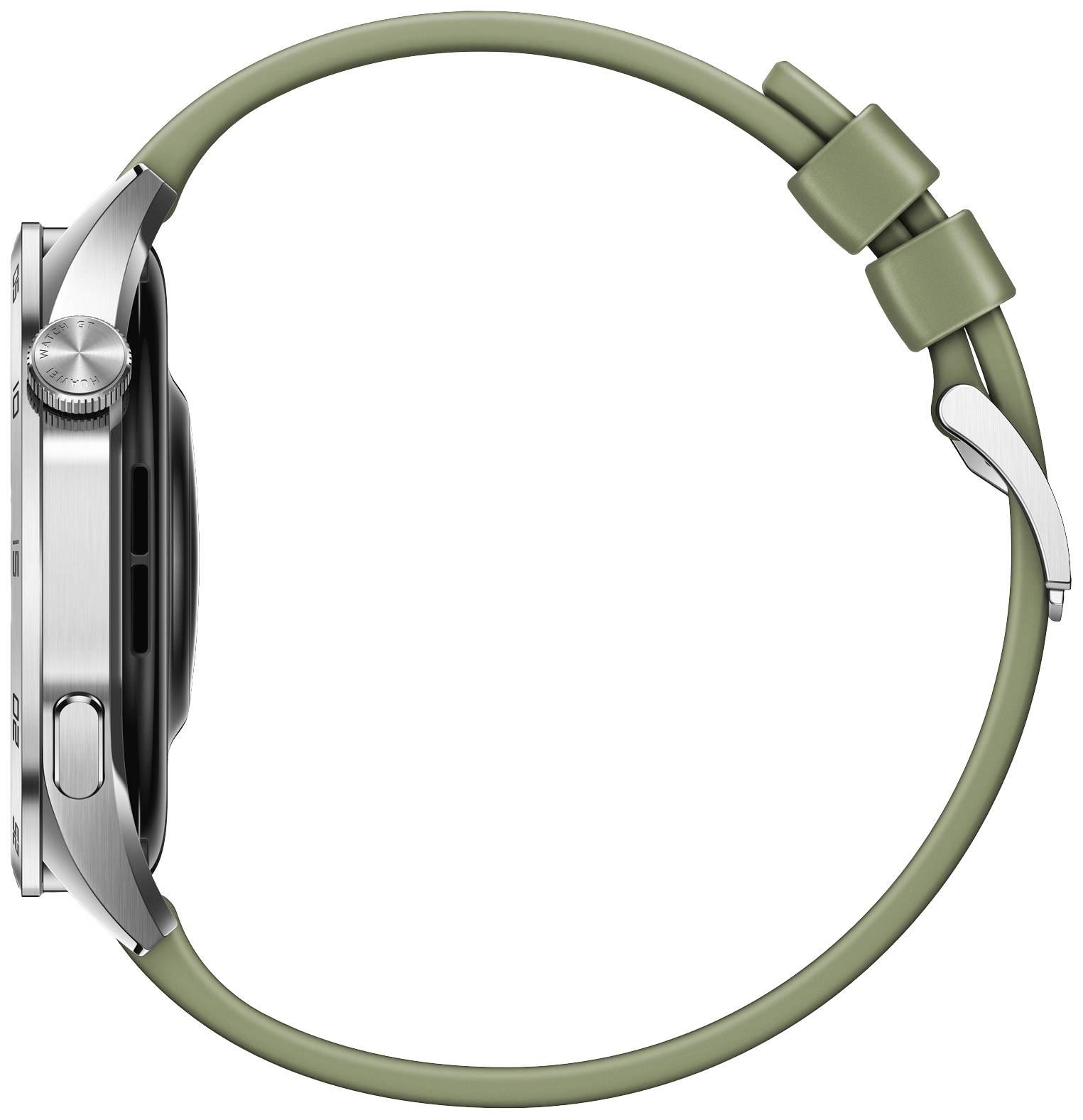 Un orologio intelligente con cinturino verde e cassa argentata, visto di lato.