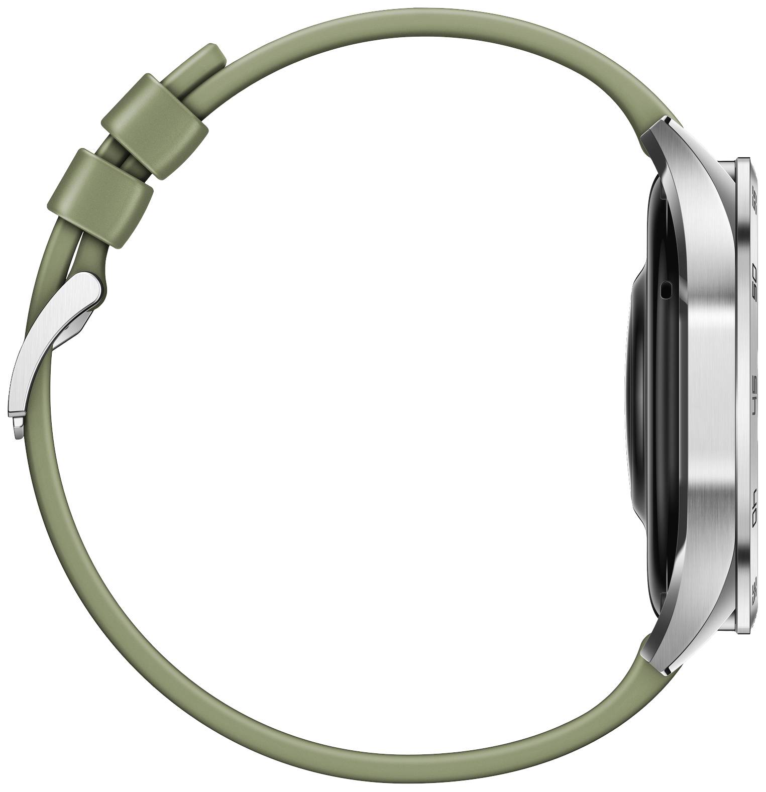 Un orologio da polso argentato con cinturino verde viene mostrato di lato. La regolazione del cinturino e i pulsanti sono visibili.