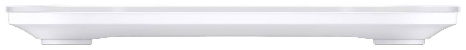 Una bilancia bianca, piatta, con angoli arrotondati e due piedini. È progettata in modo semplice e minimale.