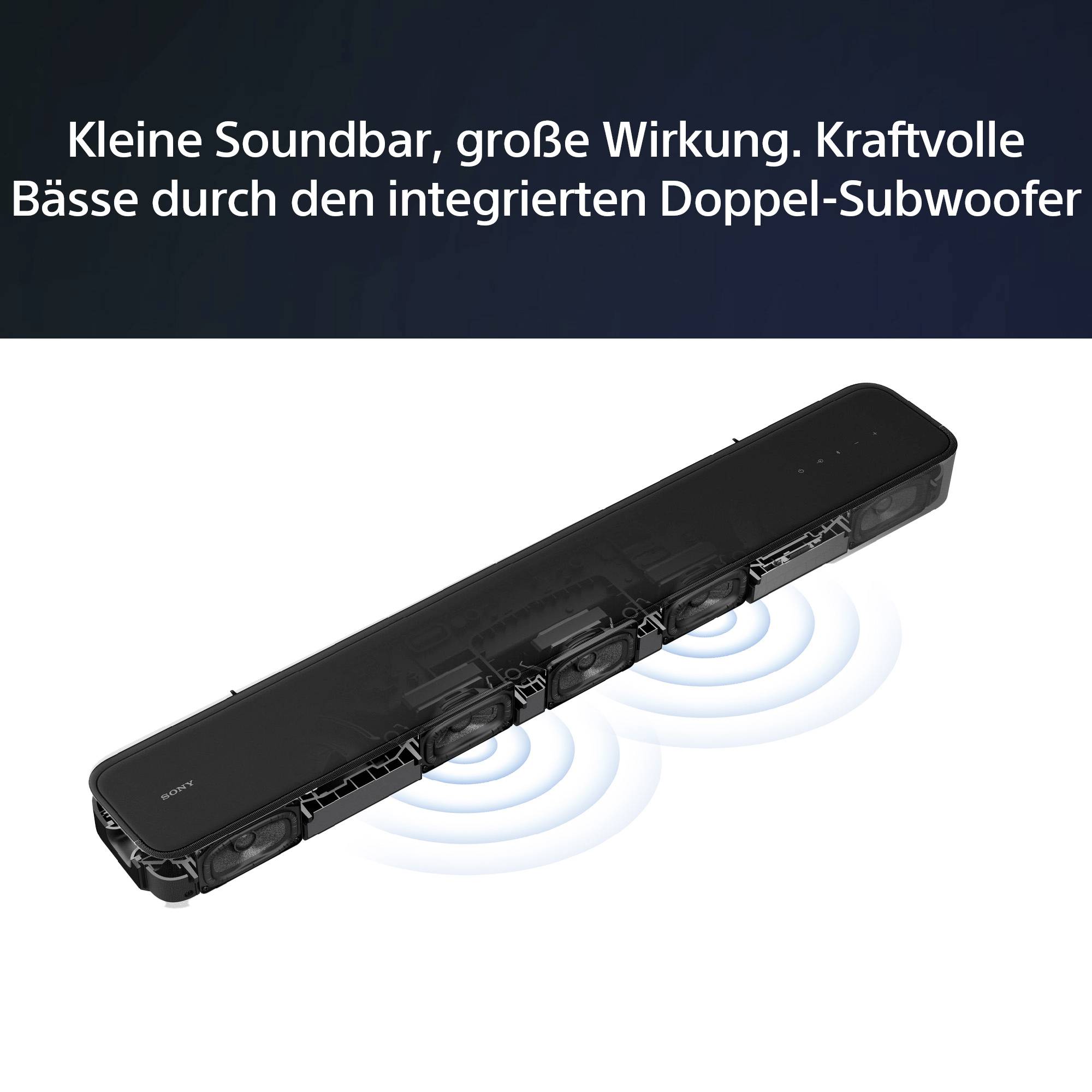 Soundbar nera con doppio subwoofer integrato e simboli di onde sonore blu. Il testo in alto descrive bassi potenti.