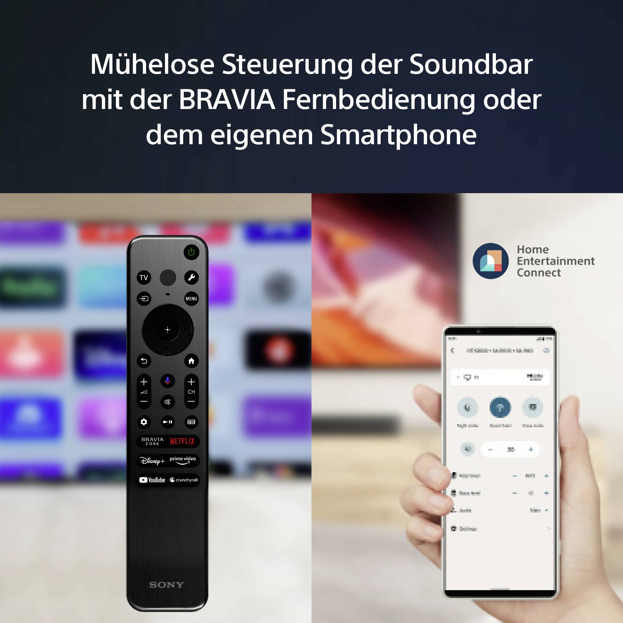 'Telecomando BRAVIA e smartphone controllano la soundbar. Lo smartphone mostra l'app Home Entertainment Connect con i comandi.'