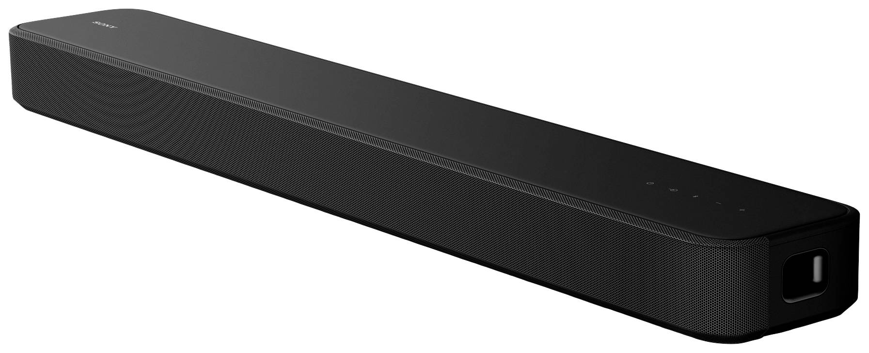 Soundbar nera con chassis rettangolare, connessione di rete laterale, tasti di controllo superiori, progettata per migliorare l'audio del televisore.