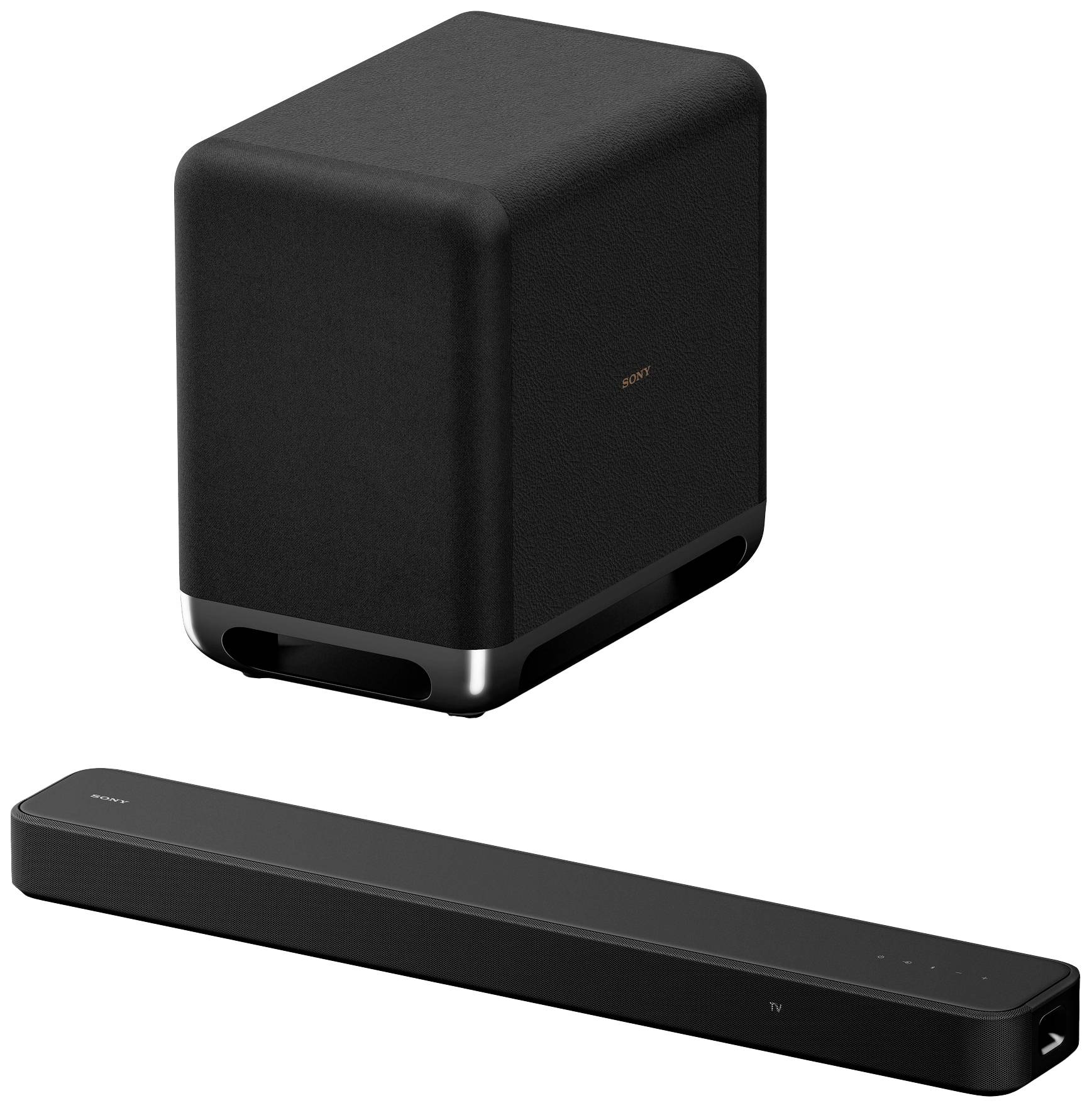 Soundbar nera con subwoofer; design moderno, rettangolare. La soundbar ha piccoli comandi sulla parte superiore.