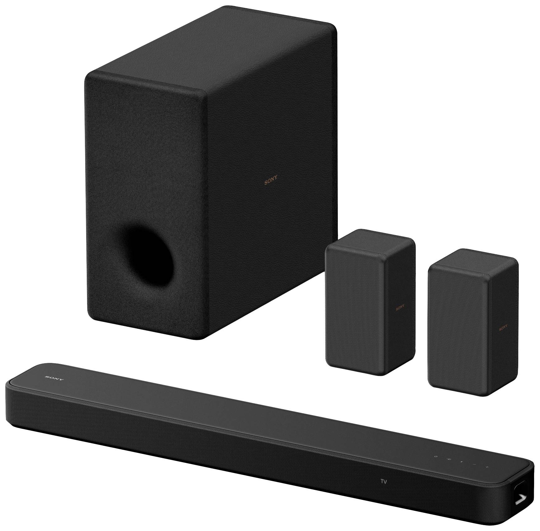 Sistema audio nero composto da una soundbar, un subwoofer e due altoparlanti posteriori per un'esperienza audio home cinema.