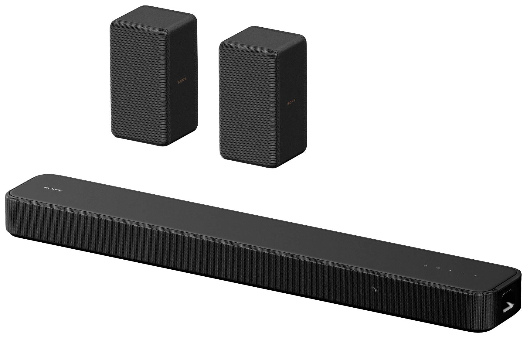 Soundbar nera con due altoparlanti wireless, adatta per home theater.