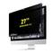 Un monitor widescreen da 27 pollici in formato 16:9 con dimensioni di 636 mm di larghezza e 385,1 mm di altezza, il display mostra il dock di macOS.