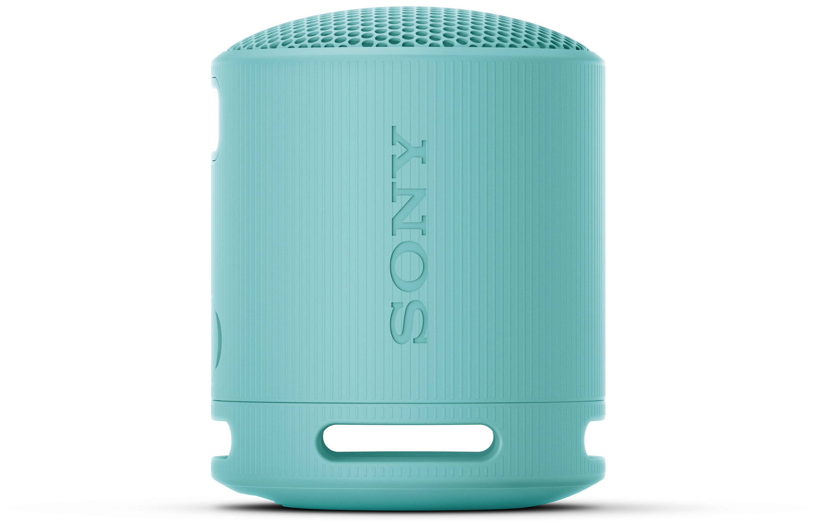 Un piccolo altoparlante Bluetooth rotondo color turchese con un involucro semplice e il nome del marchio verticale al centro.