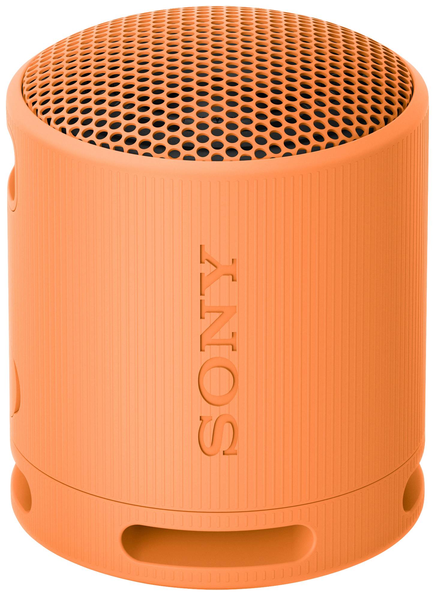 Altoparlante portatile arancione di forma rotonda con il logo 'SONY', con superficie superiore perforata per un suono migliore.