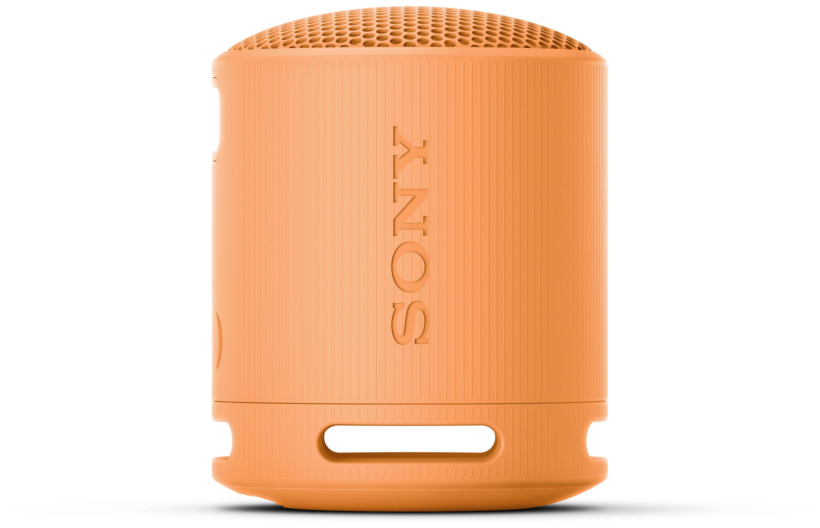 Altoparlante portatile arancione di Sony, di forma cilindrica con copertura a rete sulla parte superiore, che enfatizza la mobilità e le dimensioni compatte.