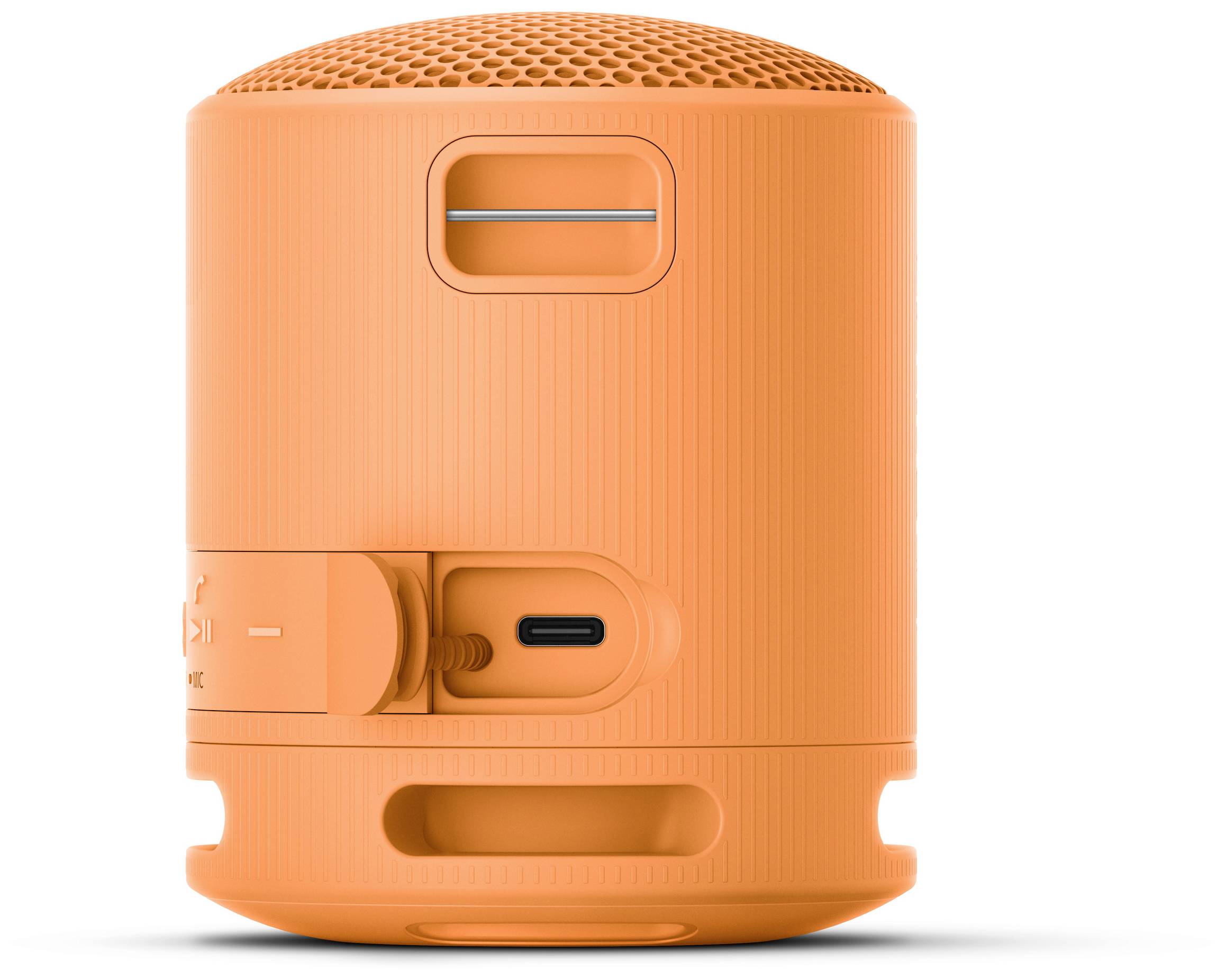 Un piccolo altoparlante cilindrico arancione con porta USB-C e controllo del volume sul retro.