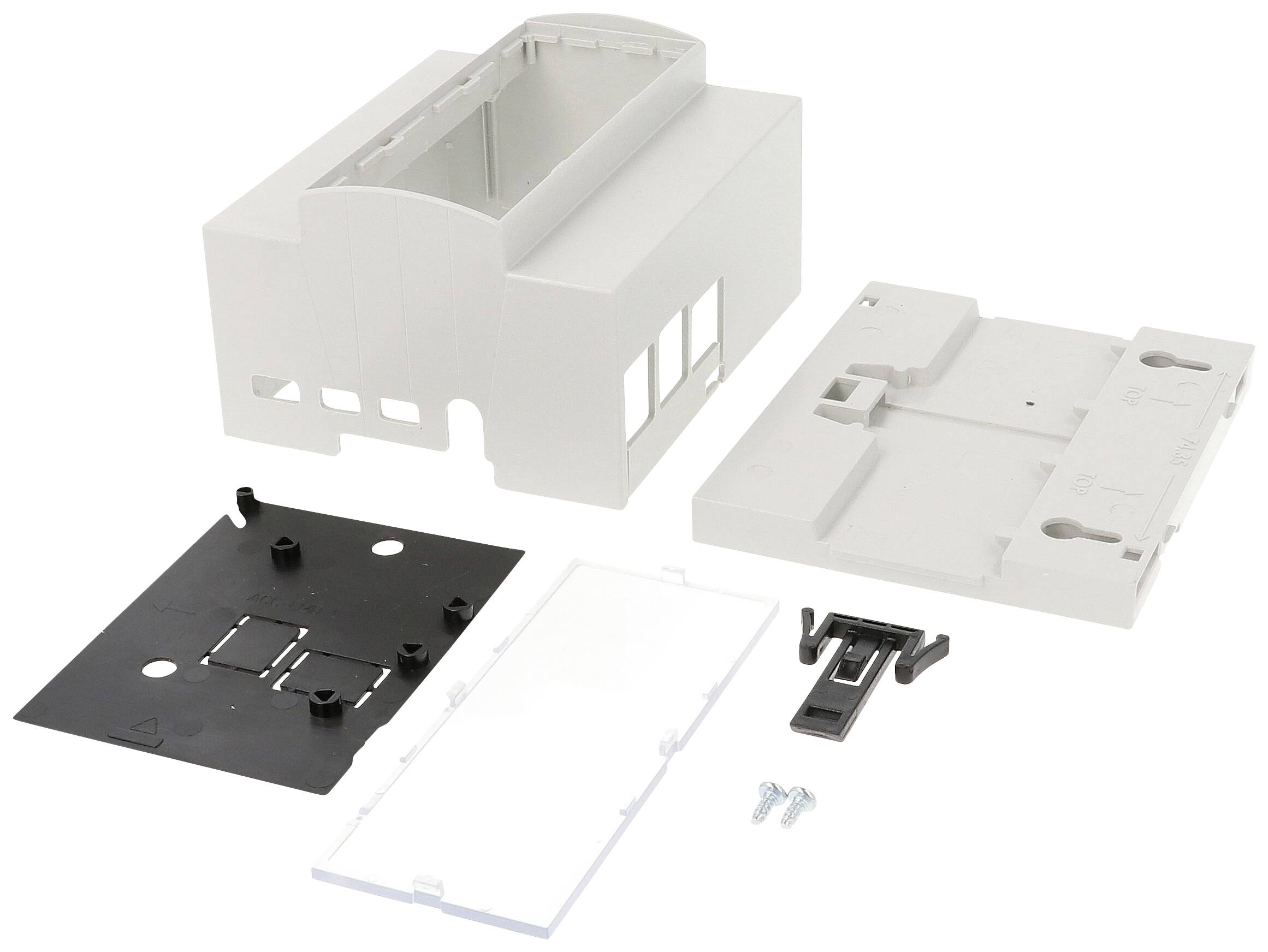 Un kit per custodia composto da parti in plastica bianche e nere, due viti e un clip metallica, pronto per l'assemblaggio.