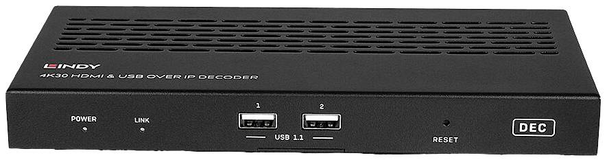 Un dispositivo decoder nero 4K30 HDMI e USB-over-IP con fessure di ventilazione, due porte USB, LED di alimentazione e collegamento, nonché un pulsante di ripristino.