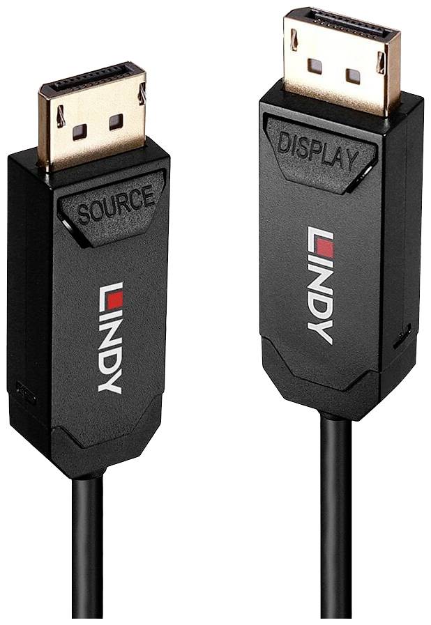 Due spine per cavo DisplayPort di colore nero con le scritte 'SOURCE' e 'DISPLAY'. È visibile il marchio 'Lindy'.