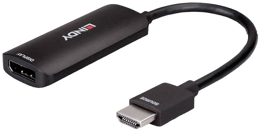 Un cavo adattatore HDMI-DisplayPort nero di Lindy, contrassegnato con 'Display IN' e 'SOURCE', consente il collegamento di dispositivi video.