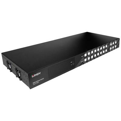 Matrice HDMI nera con più porte di ingresso e uscita e pulsanti per il controllo.
