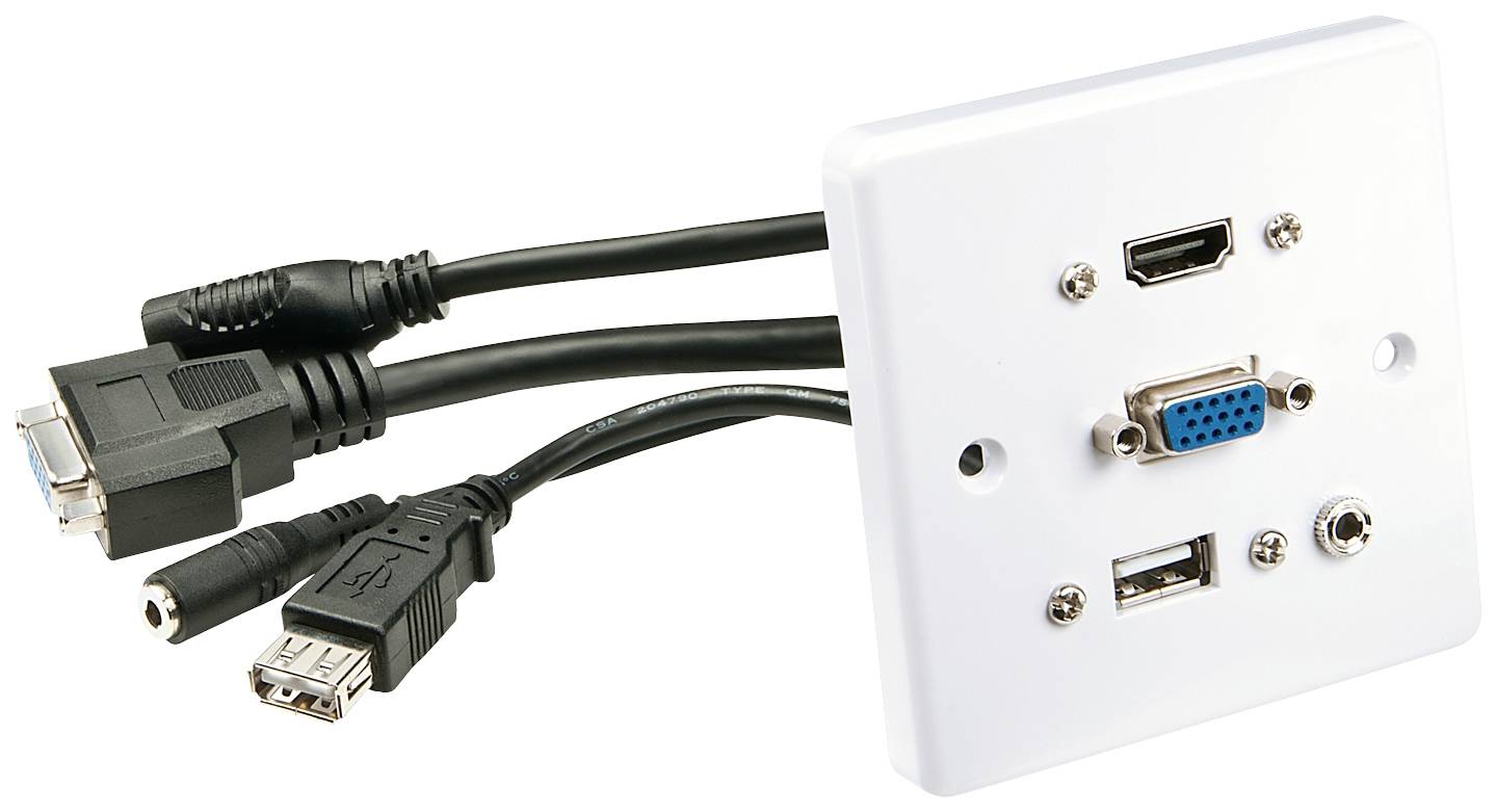 Piastra da parete bianca con porte VGA, USB, HDMI e audio, con due cavi collegati, uno con spina USB e uno con spina VGA.
