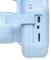 Un dispositivo azzurro chiaro con connettori: uno slot per scheda SD e una porta USB. Leva per 'OFF/ON', probabilmente una fotocamera o un dispositivo elettronico simile.