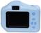 Retro di una fotocamera blu con schermo e pulsanti di controllo.