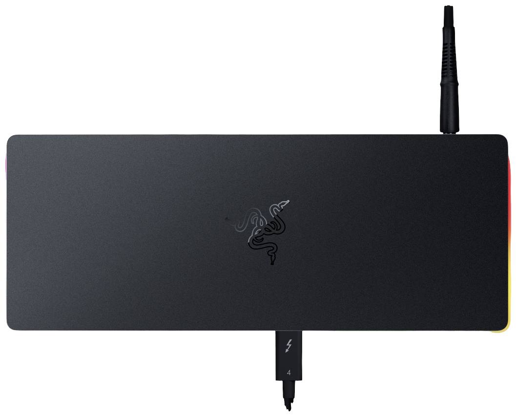 Stazione di aggancio per laptop nera con logo al centro, cavi collegati in alto e in basso. Adatta per connessioni Thunderbolt.