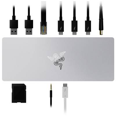 Un adattatore argentato con più porte, tra cui USB, Ethernet, HDMI e Audio. È utilizzato per collegare diversi dispositivi.