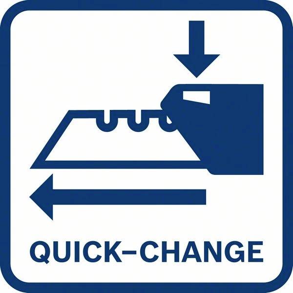 Simbolo per 'Cambio Rapido'. Mostra un utensile manuale e frecce rivolte verso il basso e verso sinistra, che rappresentano un processo di sostituzione veloce.