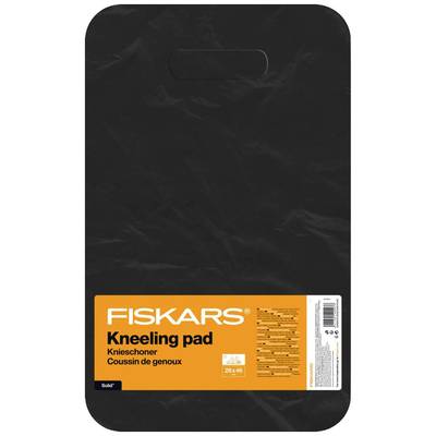 Cuscinetto inginocchiatoio FISKARS in Nero. Design rettangolare con manico di trasporto, etichetta arancione e descrizione multilingue.