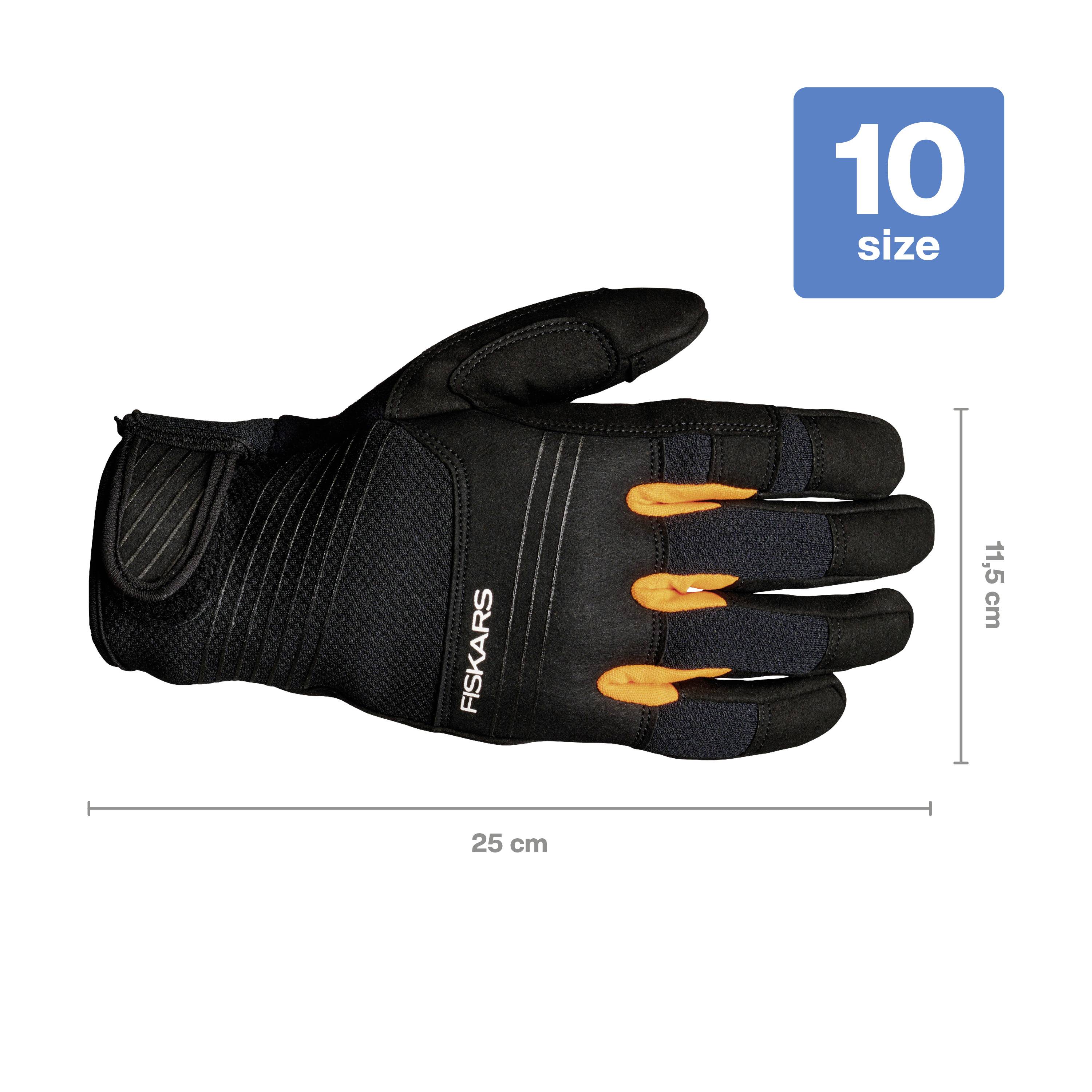 Guanto nero con dettagli arancioni, taglia 10, lunghezza 25 cm, altezza 11,5 cm, marchio visibile sul retro.