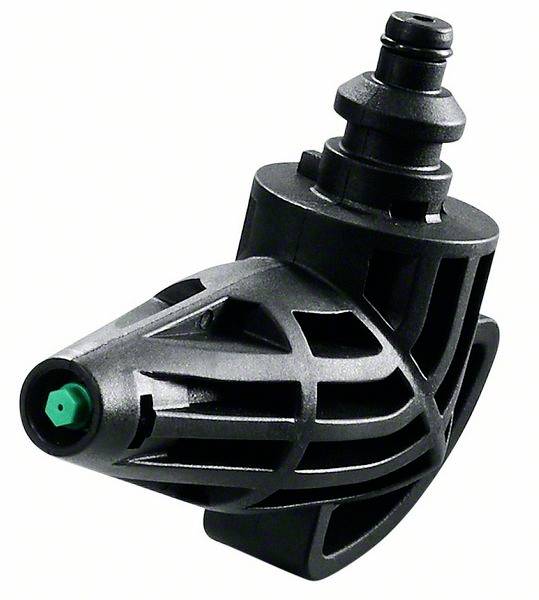 Ugello spray in plastica nera con beccuccio verde e design ergonomico. Utilizzato per la distribuzione uniforme di liquidi.