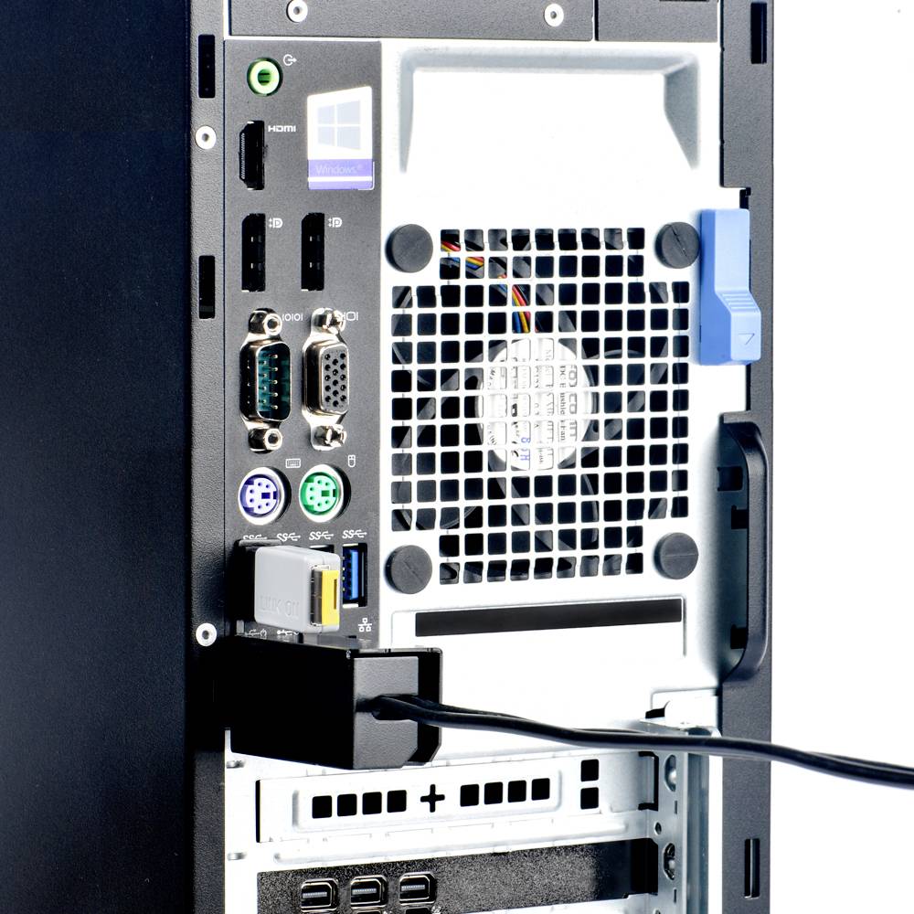 Retro di un case per computer con porte come HDMI, USB e griglie di ventilazione.
