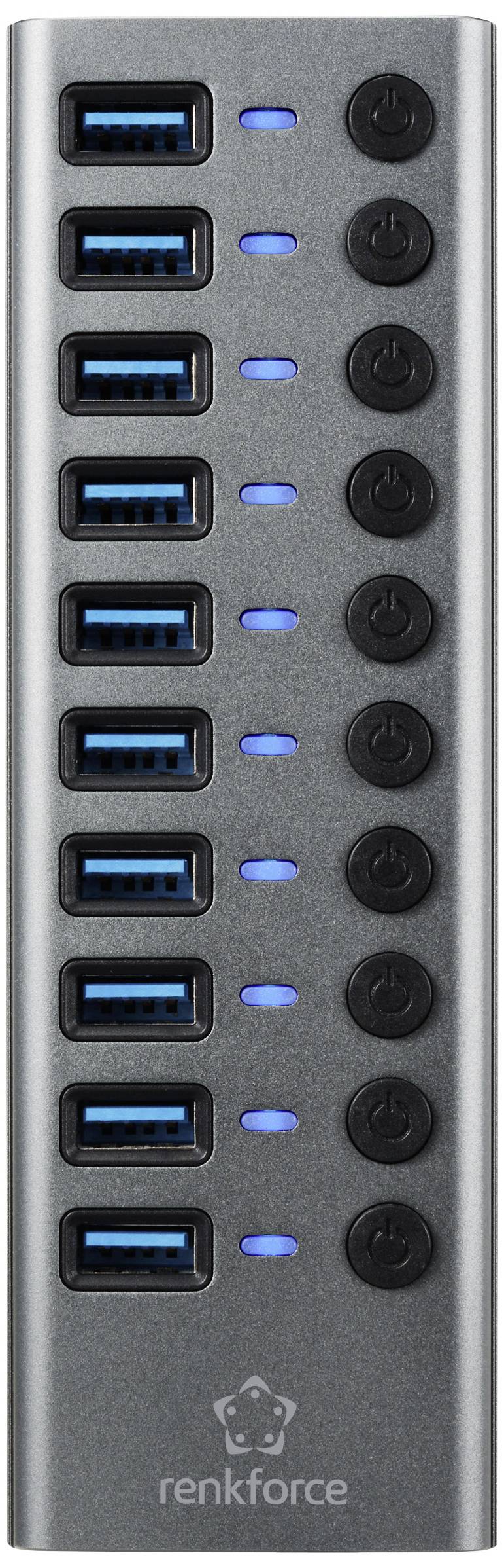 'Hub USB Renkforce con 10 porte USB e spie blu. Ogni porta ha un interruttore di accensione/spegnimento separato.'