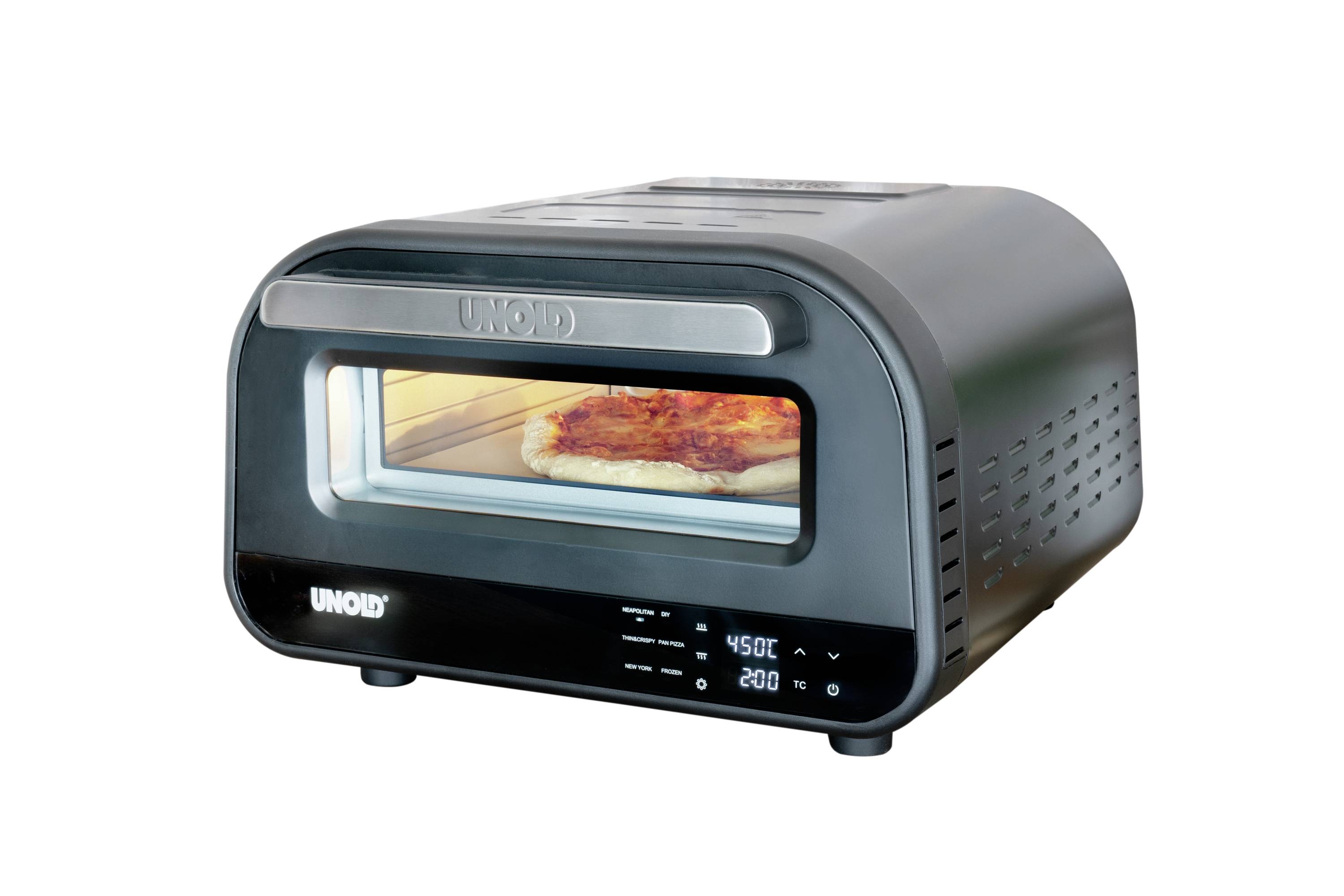 Un forno nero con una pizza all'interno mostra sul display una temperatura di 450°C e un tempo di 200 minuti.
