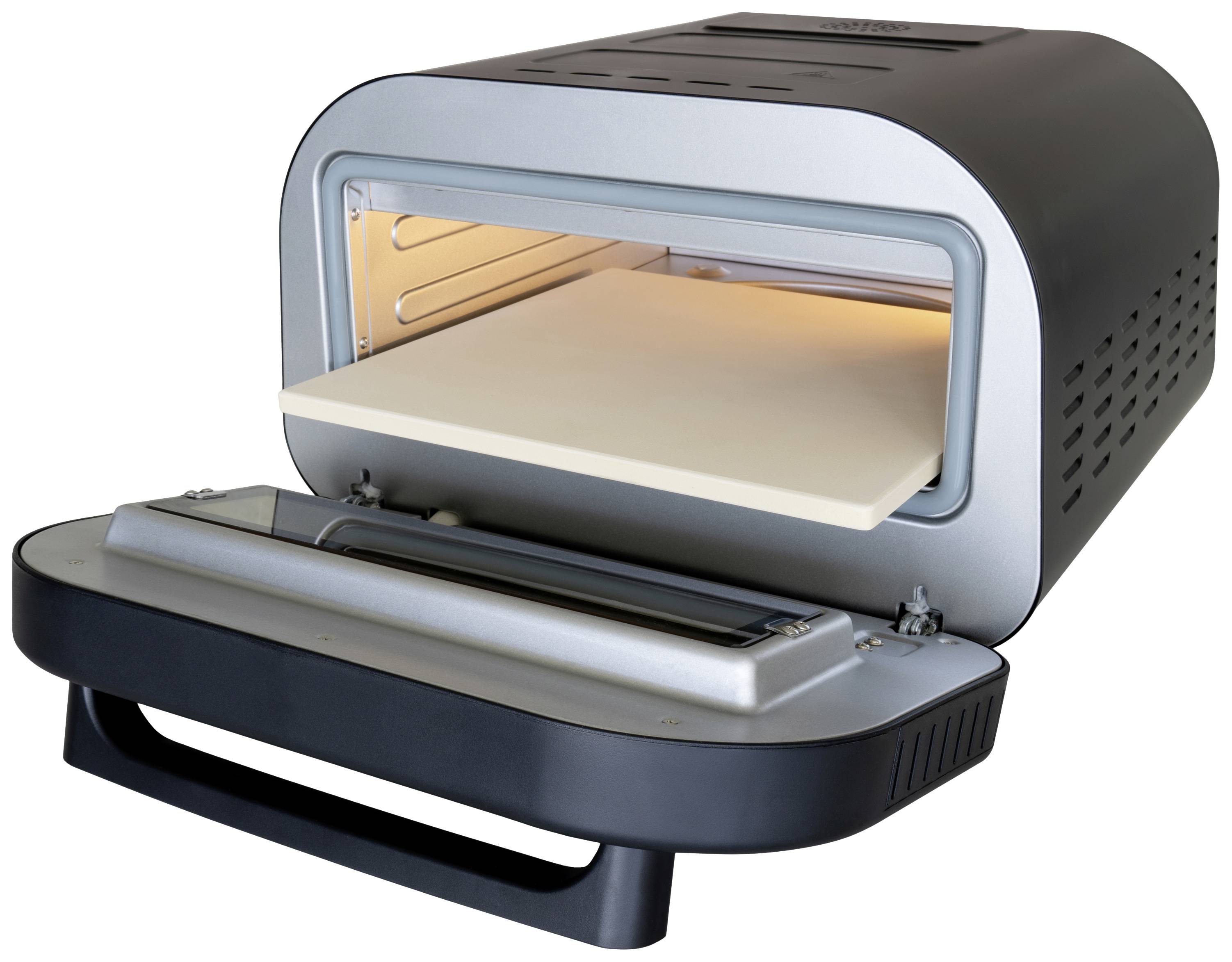 Un forno da tavolo aperto con un mattone refrattario all'interno, pronto per cuocere pizza o pane. Il forno ha un rivestimento moderno di colore grigio.