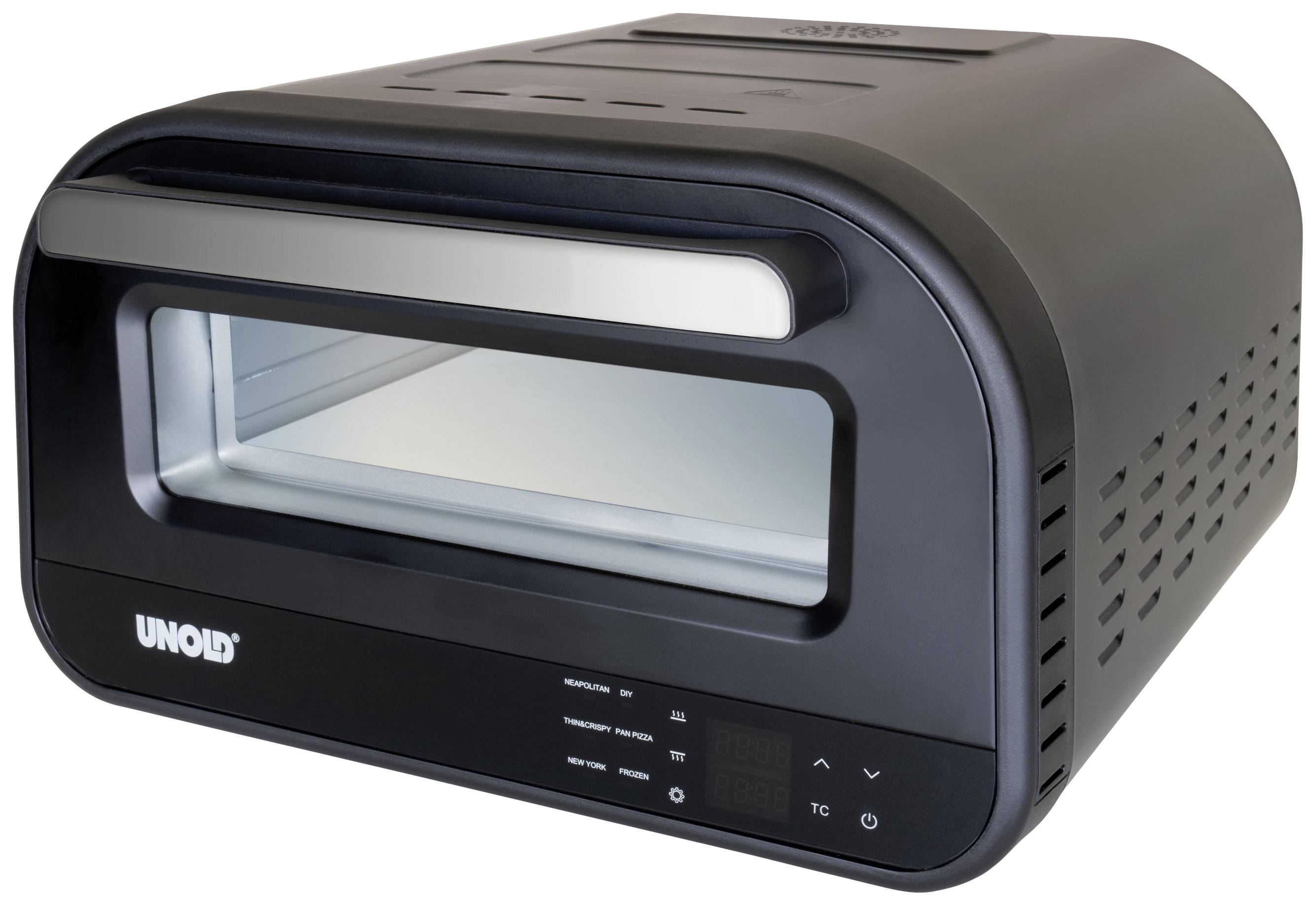 Forno da tavolo compatto nero con porta in vetro di UNOLD. Ideale per cuocere piccole porzioni in cucine di dimensioni ridotte.