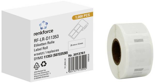 Renkforce Rotolo di etichette Compatibile sostituisce DYMO DYMO 11353, S0722530 25 x 13 mm Carta Bianco 1000 pz. A tenuta permanente Etichetta universale RF-6027522