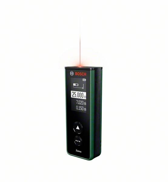 Telemetro laser Bosch con display digitale, mostra misurazioni di 25 metri, 7,2 metri e 0,15 metri.