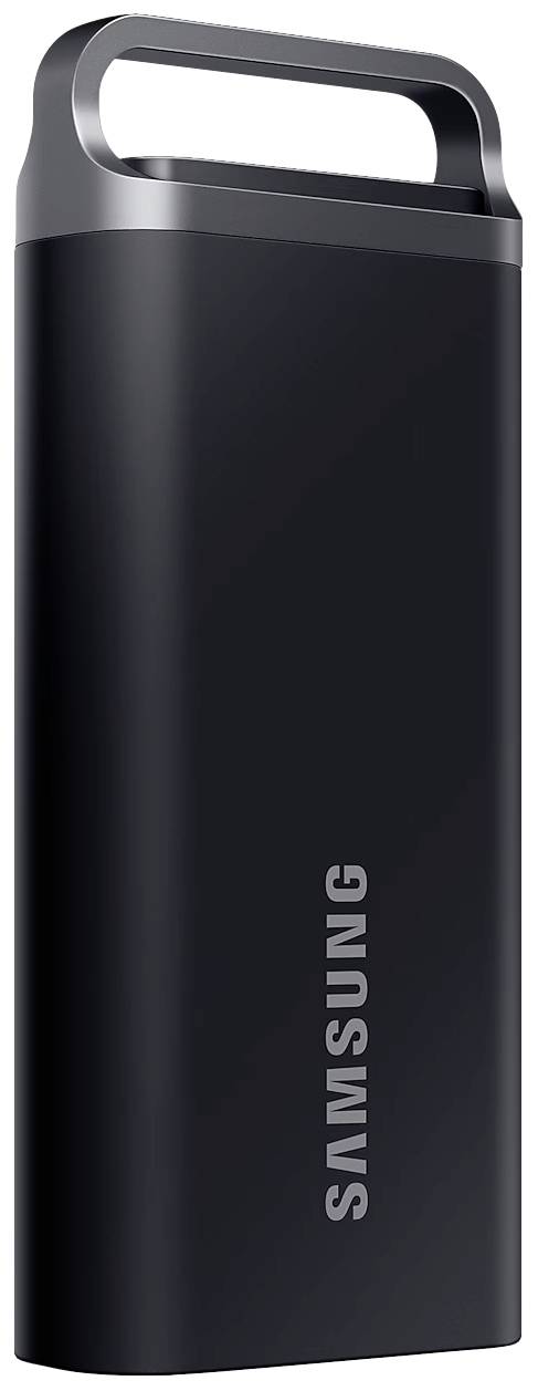Un'unità SSD portatile Samsung di colore nero, con un design sottile e moderno, dotata di una maniglia integrata sulla parte superiore.