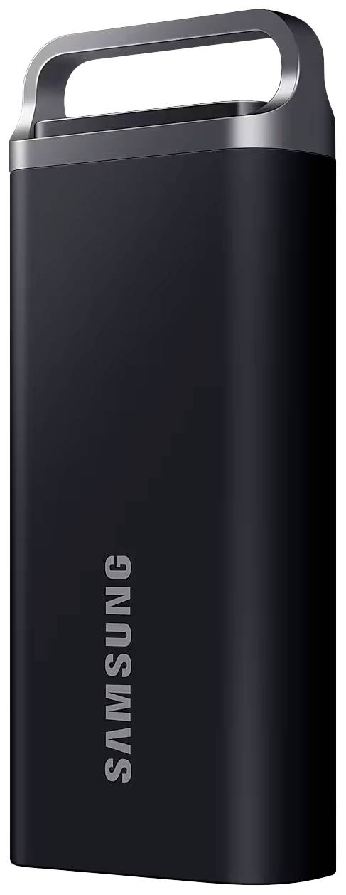 Hard disk esterno Samsung in nero con bordo argentato e manico integrato.
