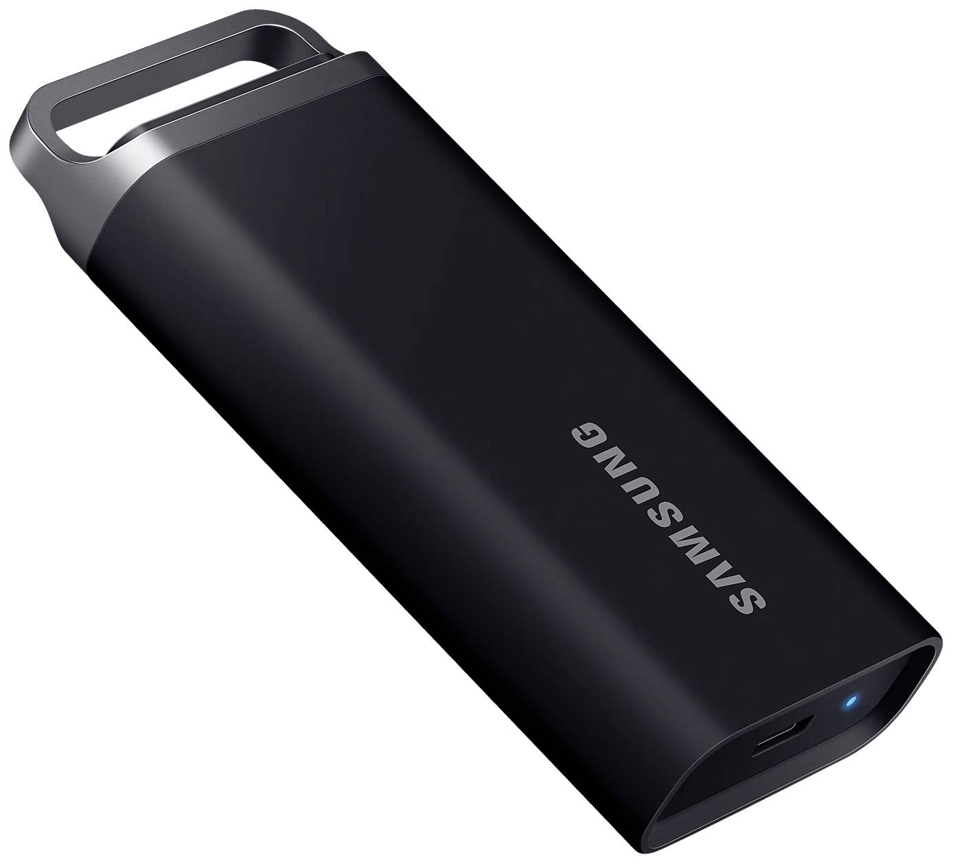 SSD esterna portatile Samsung, design sottile nero, dimensioni compatte per l'archiviazione dati mobile.