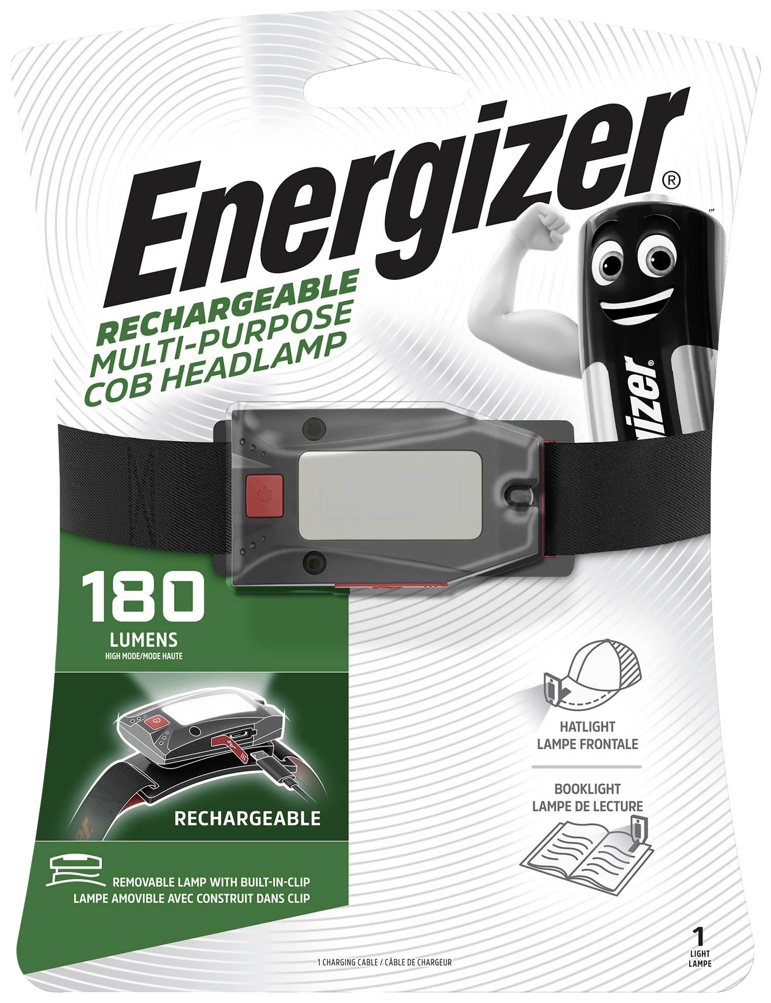 Confezione di una lampada frontale ricaricabile Energizer da 180 lumen. Contiene un'immagine della lampada e dettagli sulle funzionalità.