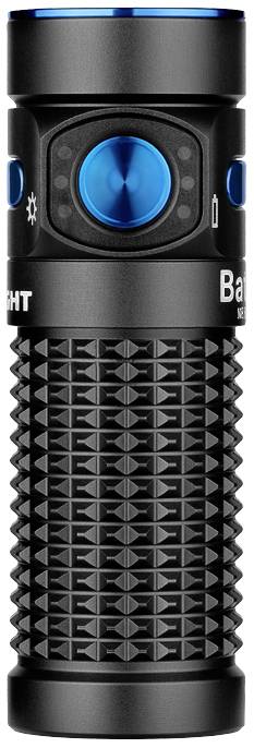 Torcia nera con impugnatura strutturata e pulsante blu, adatta per attività all'aperto e illuminazione di emergenza.