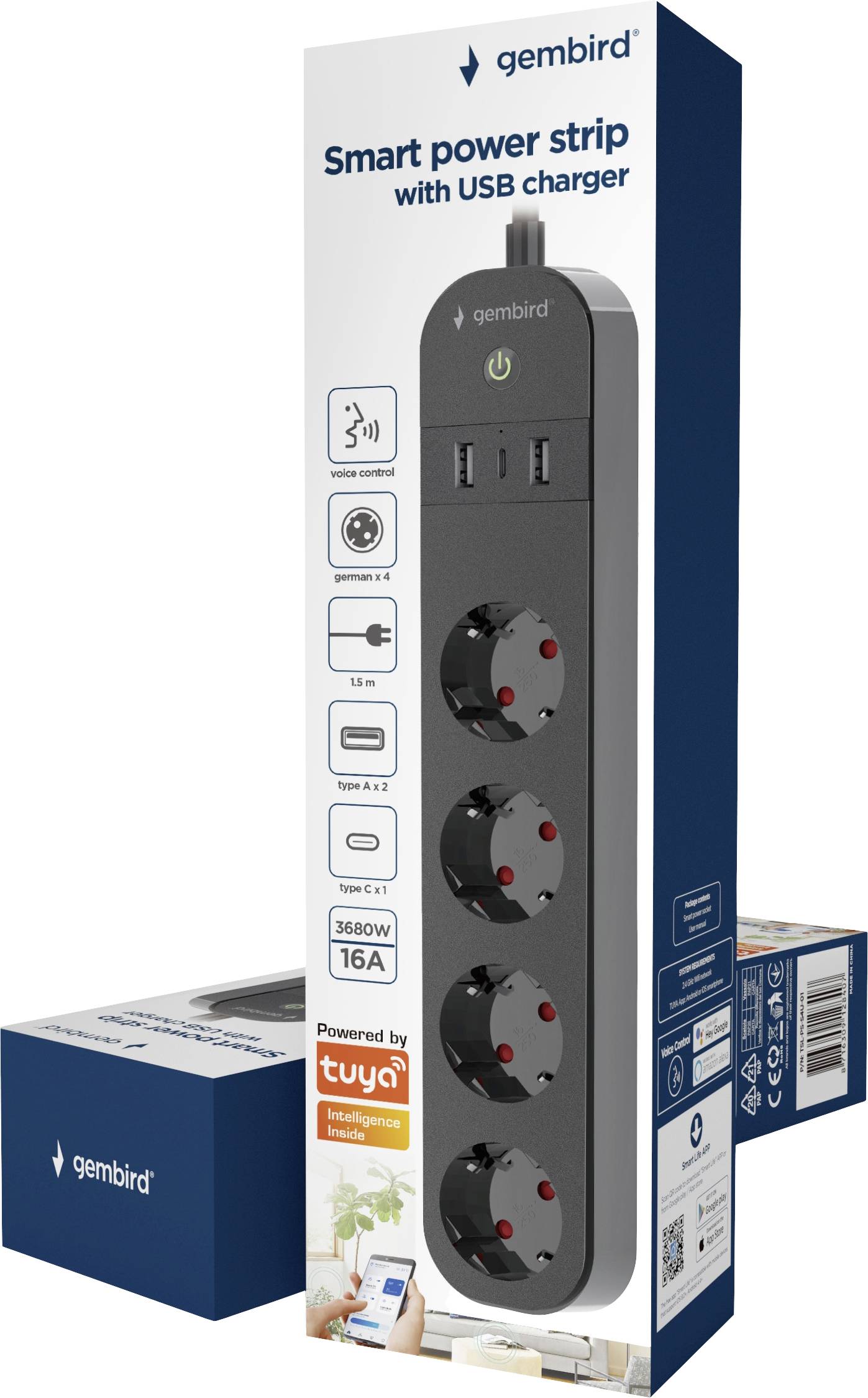 'Multipresa intelligente con caricatore USB, 4 prese, design nero, idonea per il controllo tramite app, supporta 16A.'
