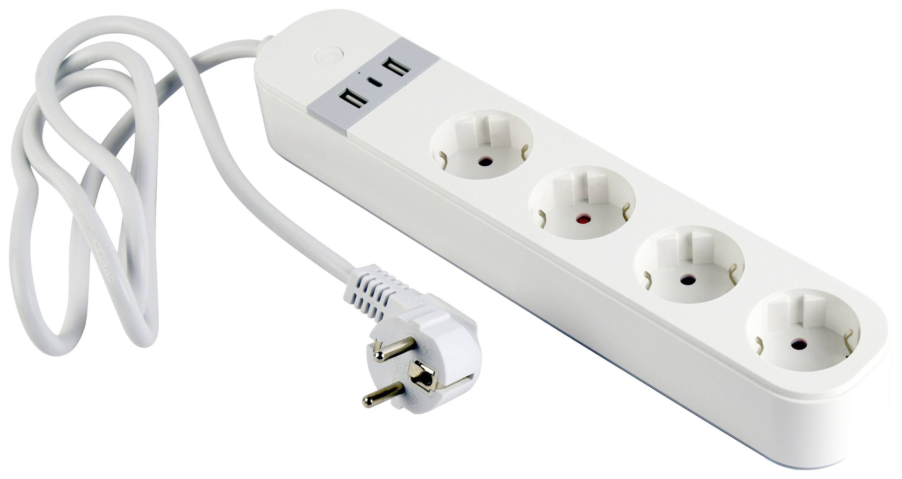 Una ciabatta bianca con quattro prese e un cavo con spina Schuko, adatta per collegare più dispositivi elettrici.