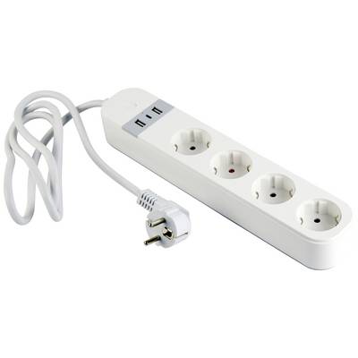 Una ciabatta bianca con quattro prese e un cavo con spina Schuko, adatta per collegare più dispositivi elettrici.